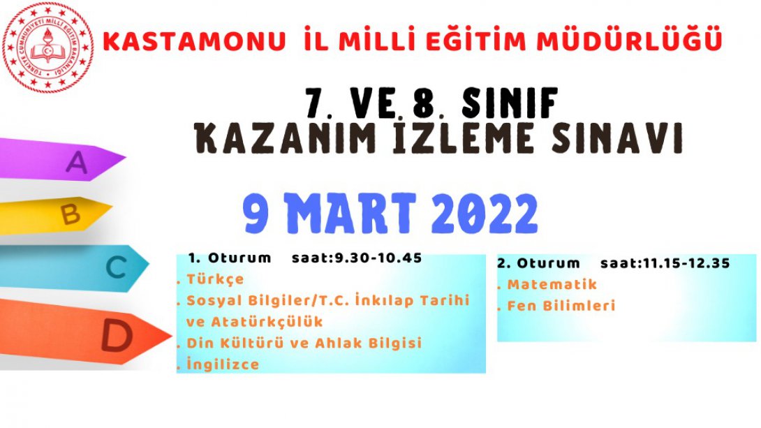 9 Mart 2022 Çarşamba Günü İlimiz Genelinde 7. ve 8. Sınıf Öğrencilerimiz İçin Kazanım İzleme Sınavı Yapılacaktır. 